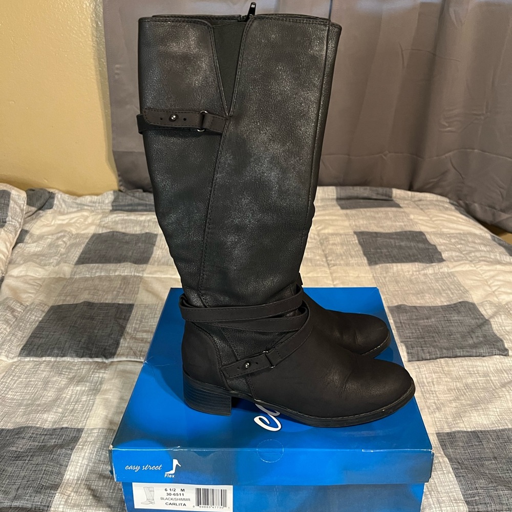 Easy Street Black Shimmer Knee high Boots - Picture 4 of 10